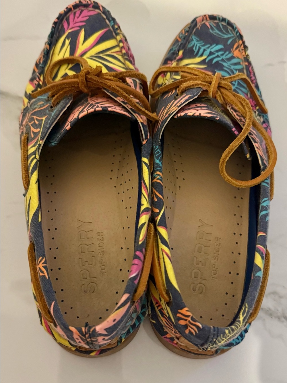 Sperry Women's Tropical Leaf Print Moccasins in Navy Multi with Tan Laces